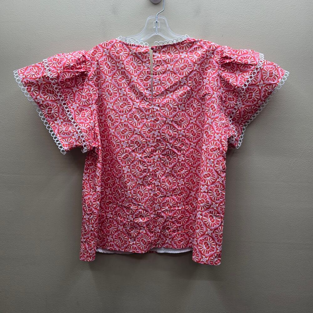 SSYS the Label Blouse Top Size XL Lace Trim Pink/Orange Print Cotton Popover - Picture 7 of 8